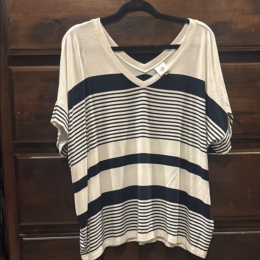 CAbi Navy and Cream Striped V-Neck Tee
